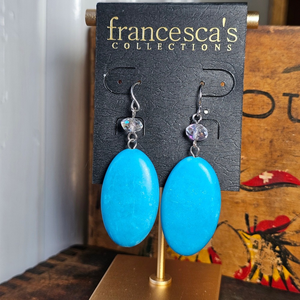 Francesca's Turquoise Blue Oval Earrings Women OS Drop Dangle Crystal Accent